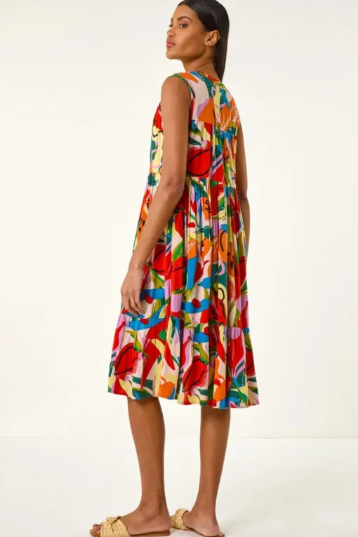 Roman Multi Abstract Print Tiered Midi Dress