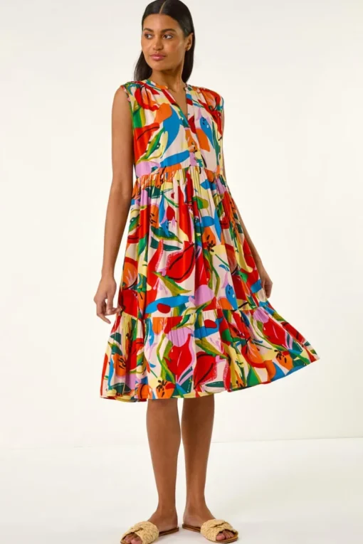 Roman Multi Abstract Print Tiered Midi Dress