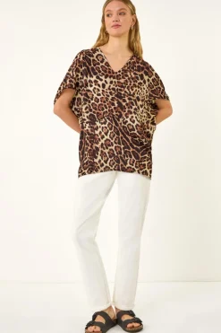 Roman Natural Animal Print V-Neck Top