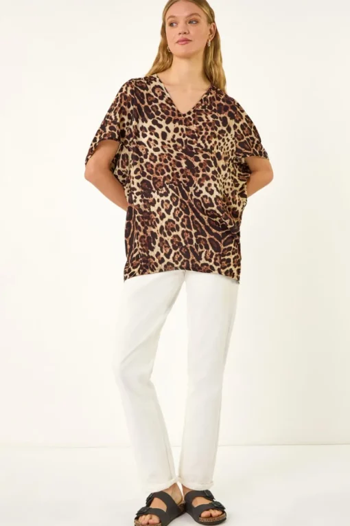 Roman Natural Animal Print V-Neck Top