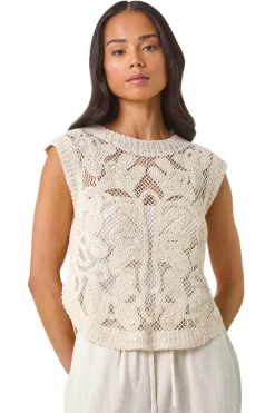 Roman Natural Petite Curve Hem Crochet Top