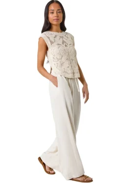 Roman Natural Petite Curve Hem Crochet Top