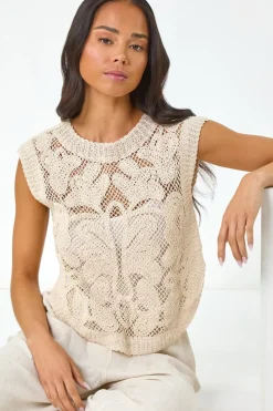 Roman Natural Petite Curve Hem Crochet Top