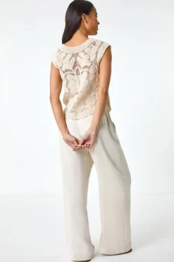 Roman Natural Petite Curve Hem Crochet Top