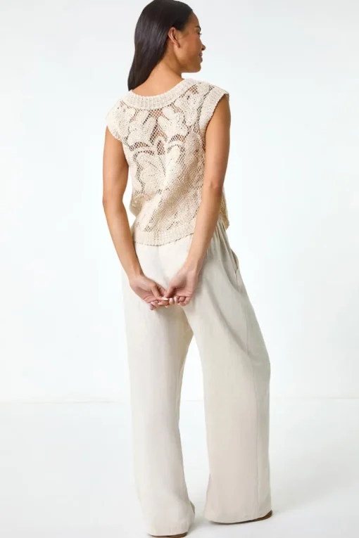 Roman Natural Petite Curve Hem Crochet Top