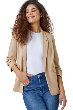 Roman Natural Ruched 3/4 Sleeve  Stretch Blazer Jacket