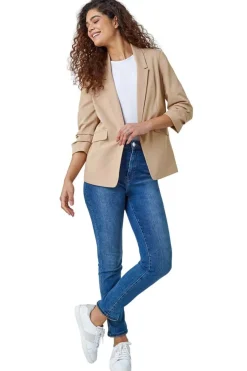 Roman Natural Ruched 3/4 Sleeve  Stretch Blazer Jacket