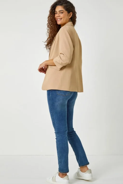 Roman Natural Ruched 3/4 Sleeve  Stretch Blazer Jacket