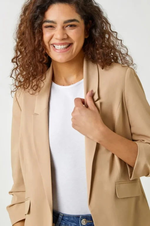 Roman Natural Ruched 3/4 Sleeve  Stretch Blazer Jacket