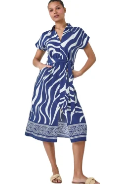 Roman Navy Animal Border Print Pocket Midi Dress
