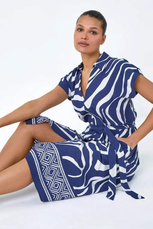 Roman Navy Animal Border Print Pocket Midi Dress
