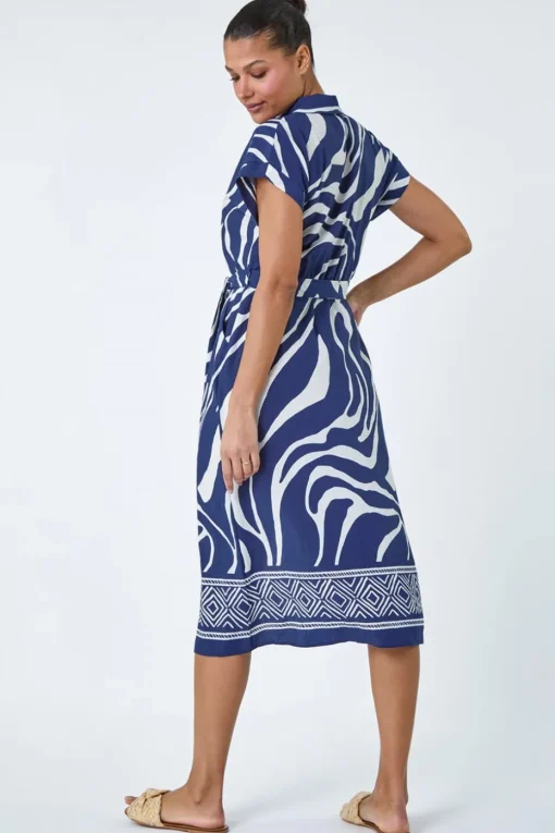 Roman Navy Animal Border Print Pocket Midi Dress