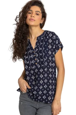 Roman Navy Aztec Print Button V-Neck Detail Top