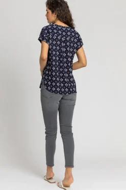 Roman Navy Aztec Print Button V-Neck Detail Top