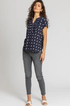 Roman Navy Aztec Print Button V-Neck Detail Top