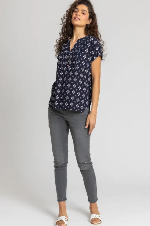 Roman Navy Aztec Print Button V-Neck Detail Top