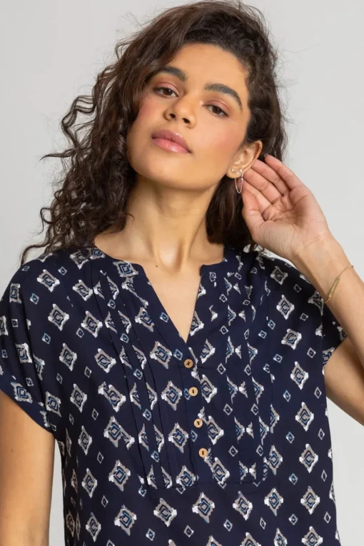 Roman Navy Aztec Print Button V-Neck Detail Top