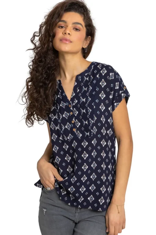 Roman Navy Aztec Print Button V-Neck Detail Top