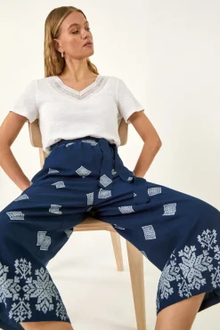 Roman Navy Border Print Belted Trouser