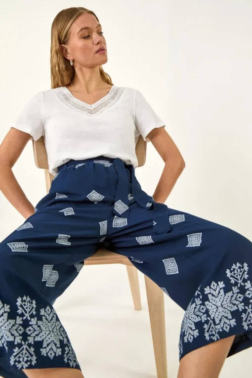 Roman Navy Border Print Belted Trouser