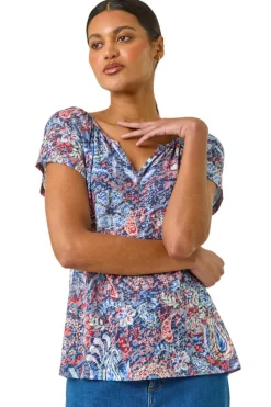 Roman Navy Burnout Print V-Neck Raglan Top