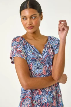 Roman Navy Burnout Print V-Neck Raglan Top