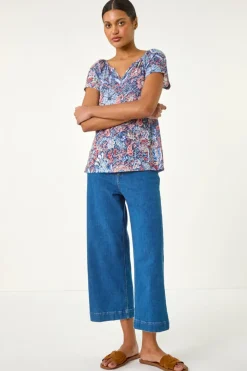 Roman Navy Burnout Print V-Neck Raglan Top