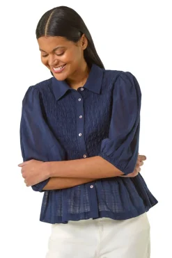 Roman Navy Collar Shirred Button Blouse