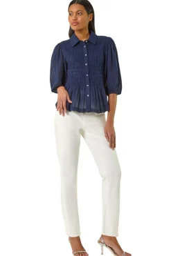 Roman Navy Collar Shirred Button Blouse