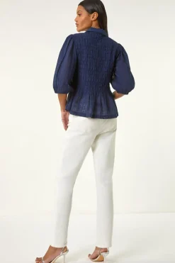 Roman Navy Collar Shirred Button Blouse