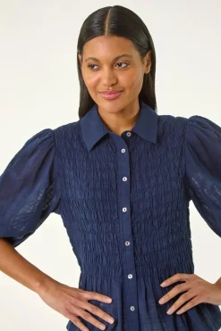 Roman Navy Collar Shirred Button Blouse