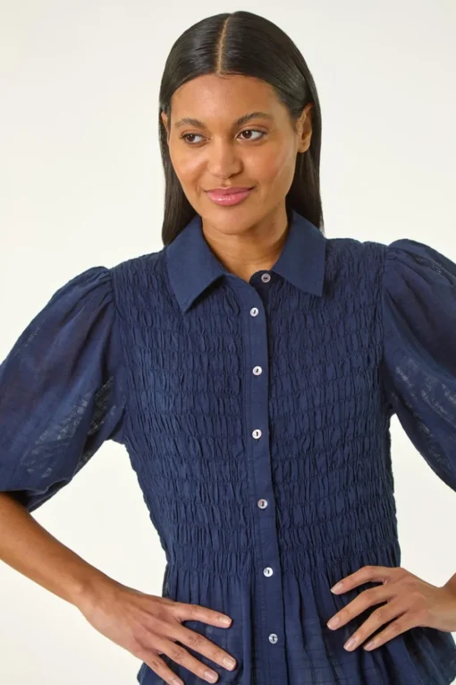 Roman Navy Collar Shirred Button Blouse
