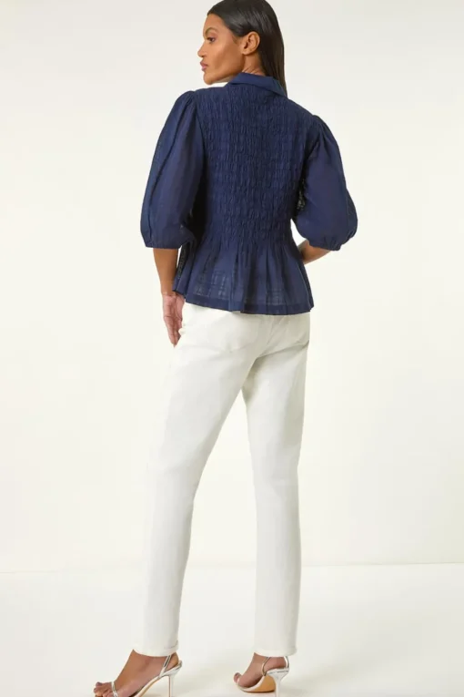 Roman Navy Collar Shirred Button Blouse