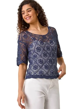 Roman Navy Cotton Crochet T-Shirt