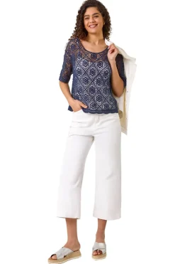 Roman Navy Cotton Crochet T-Shirt
