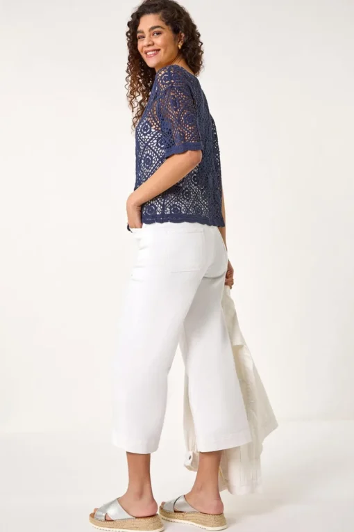 Roman Navy Cotton Crochet T-Shirt