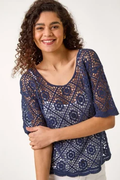 Roman Navy Cotton Crochet T-Shirt