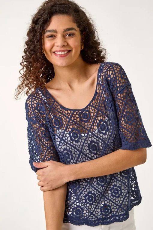Roman Navy Cotton Crochet T-Shirt