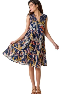 Roman Navy Cotton Tropical Lace Detail Tiered Dress