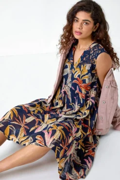 Roman Navy Cotton Tropical Lace Detail Tiered Dress
