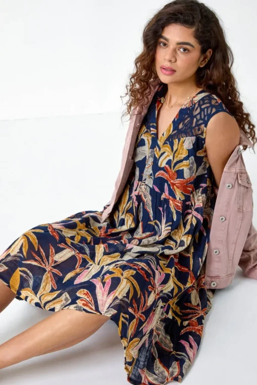 Roman Navy Cotton Tropical Lace Detail Tiered Dress