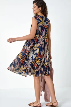 Roman Navy Cotton Tropical Lace Detail Tiered Dress