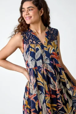 Roman Navy Cotton Tropical Lace Detail Tiered Dress