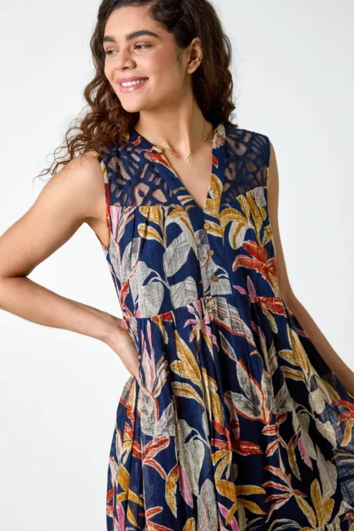 Roman Navy Cotton Tropical Lace Detail Tiered Dress