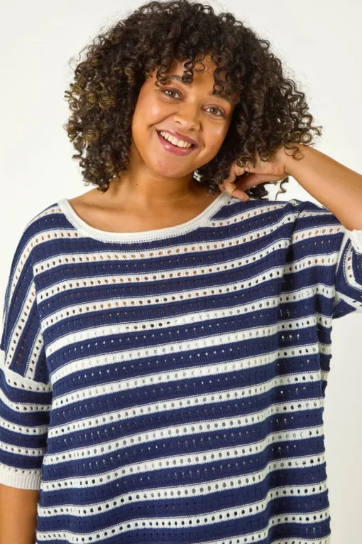 Roman Navy Curve Crochet Stripe Knit Top