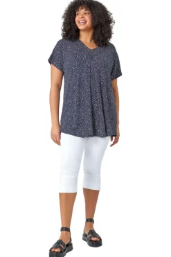Roman Navy Curve Ditsy Spot Print V-Neck Stretch Top