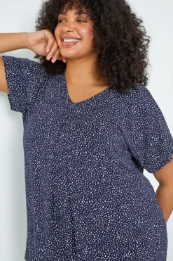 Roman Navy Curve Ditsy Spot Print V-Neck Stretch Top