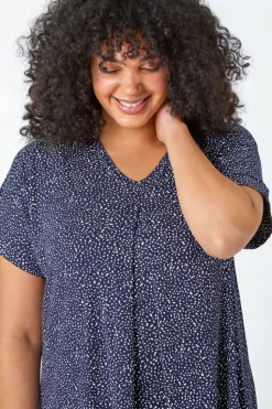 Roman Navy Curve Ditsy Spot Print V-Neck Stretch Top