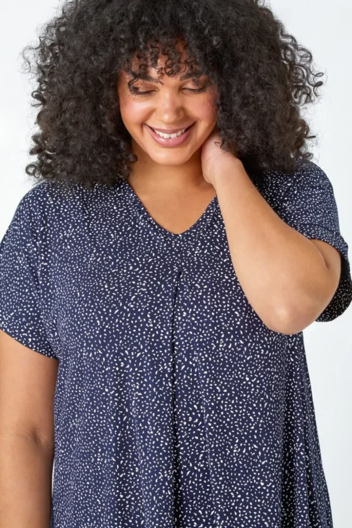 Roman Navy Curve Ditsy Spot Print V-Neck Stretch Top
