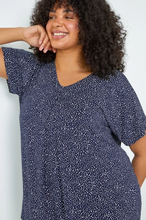 Roman Navy Curve Ditsy Spot Print V-Neck Stretch Top